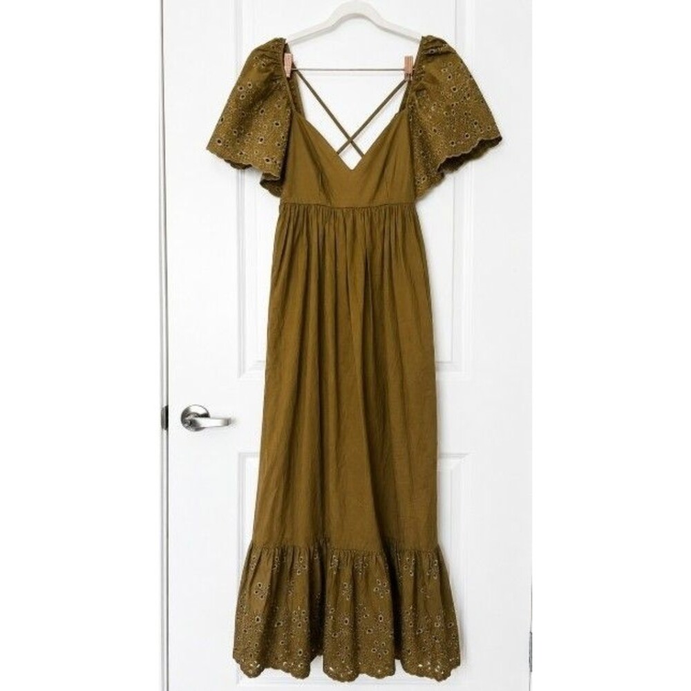 En Saison Hayley Flounced Maxi Dress Olive Eyelet Flutter Sleeve Size Medium - Picture 2 of 6